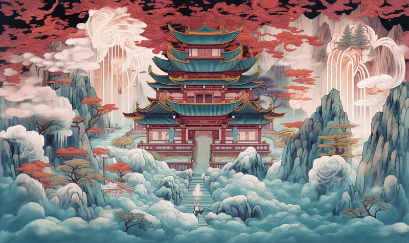 灰色中国风水墨画山中寺庙道观背景,插画/手绘图,插画/手绘图库,插画/手绘图下载,插画/手绘